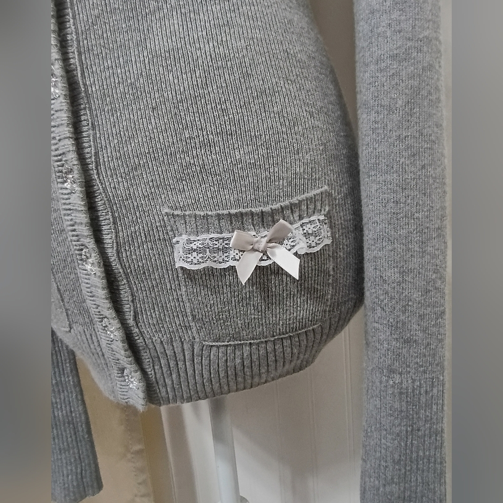 ♡ Y2K ♡ Hollister Grey Rabbit Hair Blingy Button Babydoll Cardigan Sweater - Picture 9 of 10